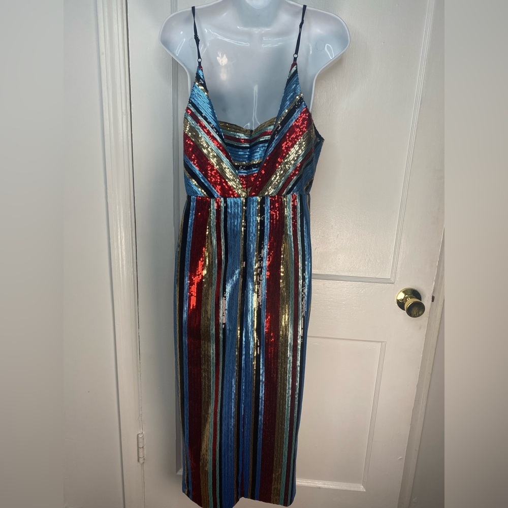 VICI Striped Multicolor Women's Sequin Wrap Midi Sleeveless Dress - Picture 8 of 9